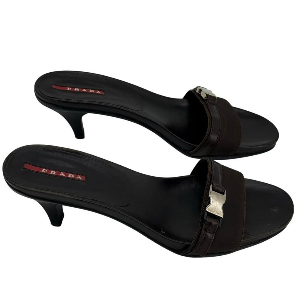 Prada Y2K Vintage Chocolate Brown Black Kitten Heel Mules Sz EU 38 - Picture 13 of 16